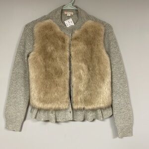 Beautiful J. Crew  CrewCuts faux fur cardigan sweatert, NWT, 12, Gray / tan
